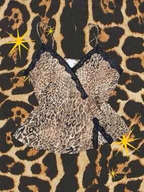 J’ ADORE | Leopard-Print Satin Cami with Black Lace Trim | Women’s Size L
